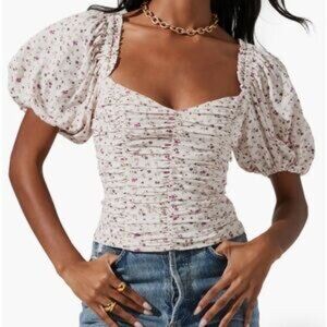 Astr Floral Smocked Blouse Crop Top Puff Sleeve Cream Pink Purple L Ruffle